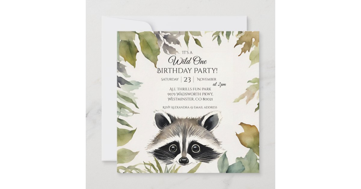 Cute Raccoon Wild One 1st Birthday Party Invitation