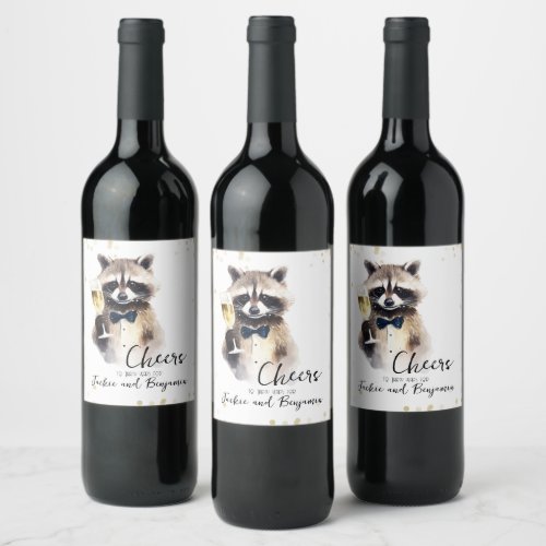 Cute Raccoon with Champagne Wedding Anniversary Wine Label