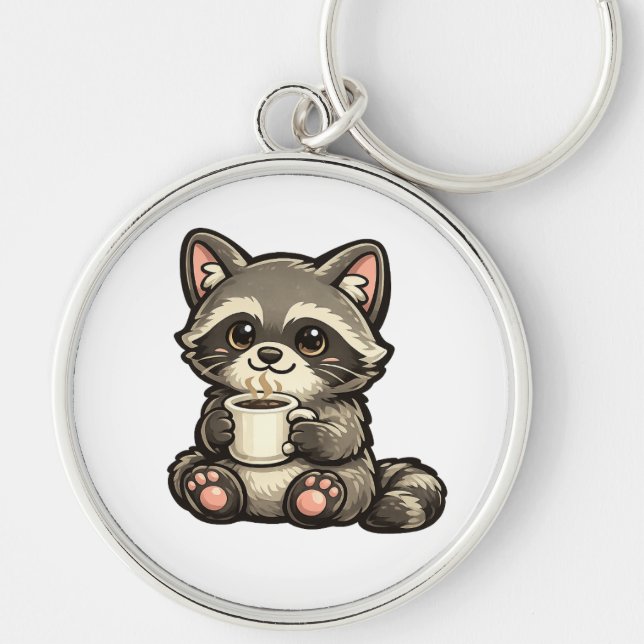 Cute Raccoon with Coffee – Cozy Kawaii Animal Keychain (Front)
