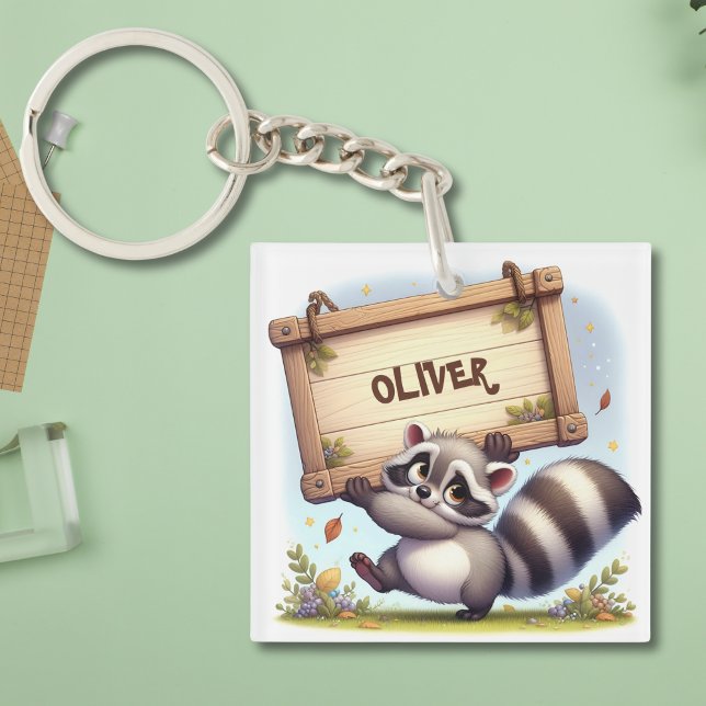 Cute Raccoon with Customizable Name Sign Keychain (Creator Uploaded)