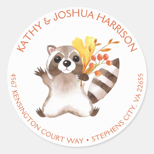 Cute Raccoon with Fall Leaves Round Address | Classic Round Sticker (Front)