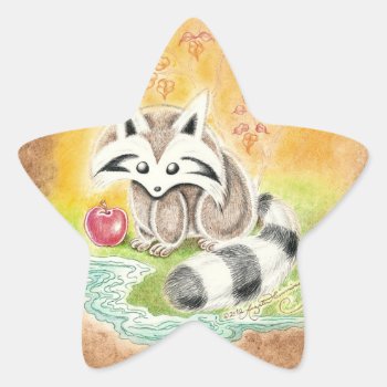 Cute Raccoon With Red Apple Near Pond Star Sticker by ArtsyKidsy at Zazzle