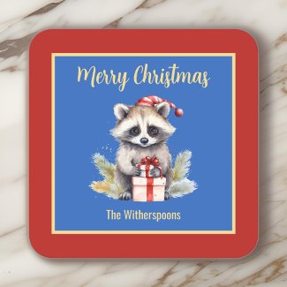 Cute Raccoon with Santa Hat Merry Christmas
