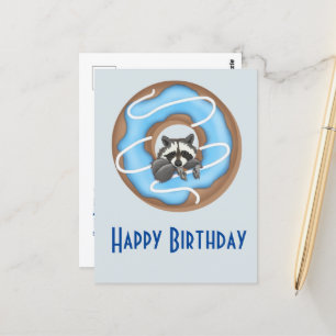 Cute Raccoon with Sweet Donut Happy Birthday Blue Postcard