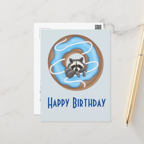 Cute Raccoon with Sweet Donut Happy Birthday Blue Postcard