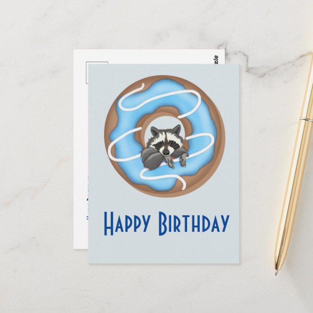 Cute Raccoon with Sweet Donut Happy Birthday Blue Postcard (Front/Back In Situ)