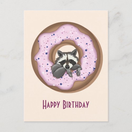 Cute Raccoon with Sweet Donut Happy Birthday Pink Postcard