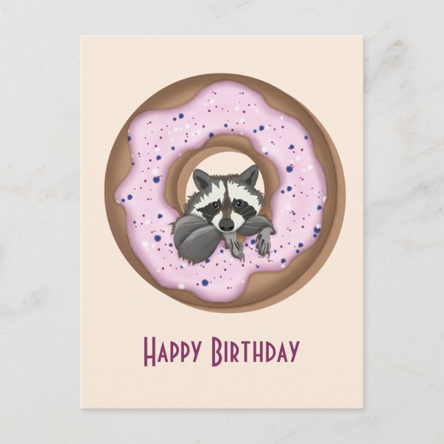 Cute Raccoon with Sweet Donut Happy Birthday Pink Postcard (Front)