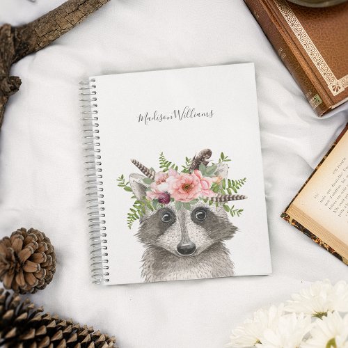 Cute Raccoon with Watercolor Floral Crown Notebook