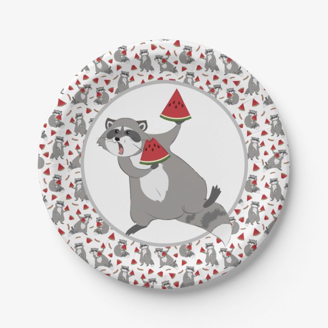Cute raccoon with watermelon paper plate (Front)