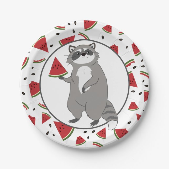  Cute Raccoon with Watermelon Pieces   Paper Plates (Front)