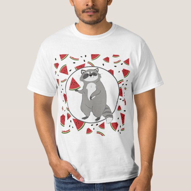  Cute Raccoon with Watermelon Pieces  T-Shirt (Front)