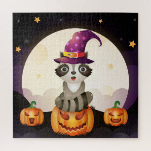 Cute Raccoon Wizard, Pumpkins and Moon Jigsaw Puzzle