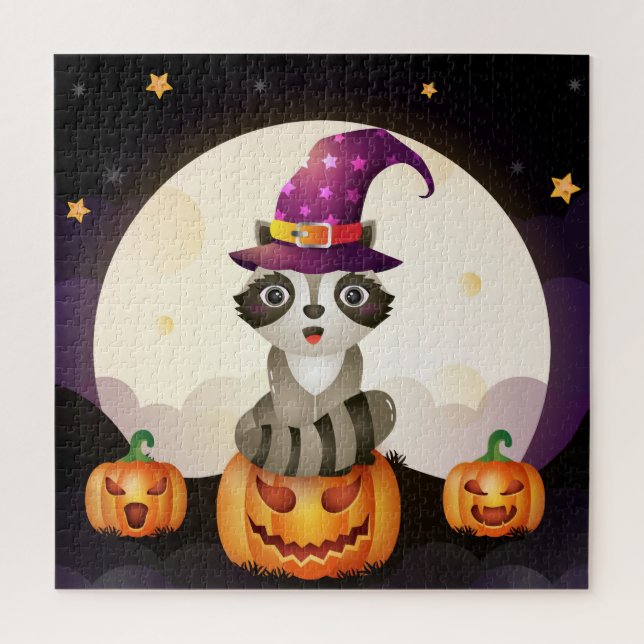Cute Raccoon Wizard, Pumpkins and Moon Jigsaw Puzzle (Vertical)