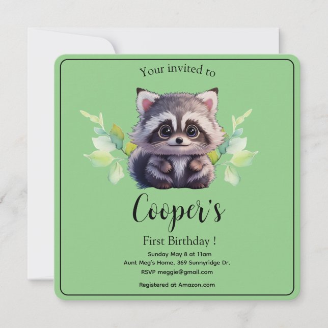 Cute raccoon woodland animals forest friends  invitation (Front)