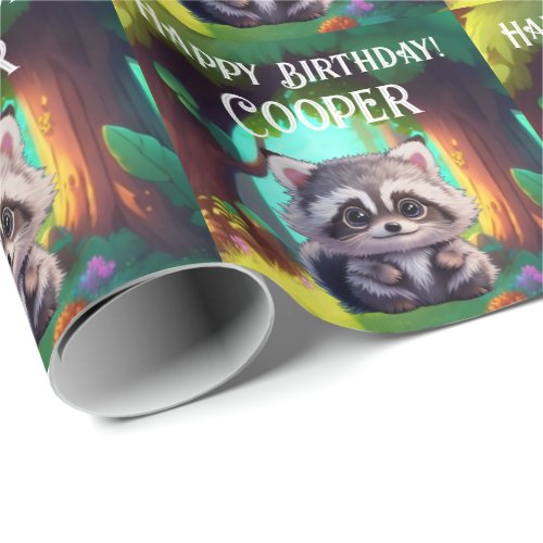 Cute raccoon woodland animals forest friends  wrapping paper