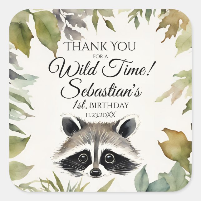 Cute Raccoon Woodland Thank You Birthday Square Sticker (Front)
