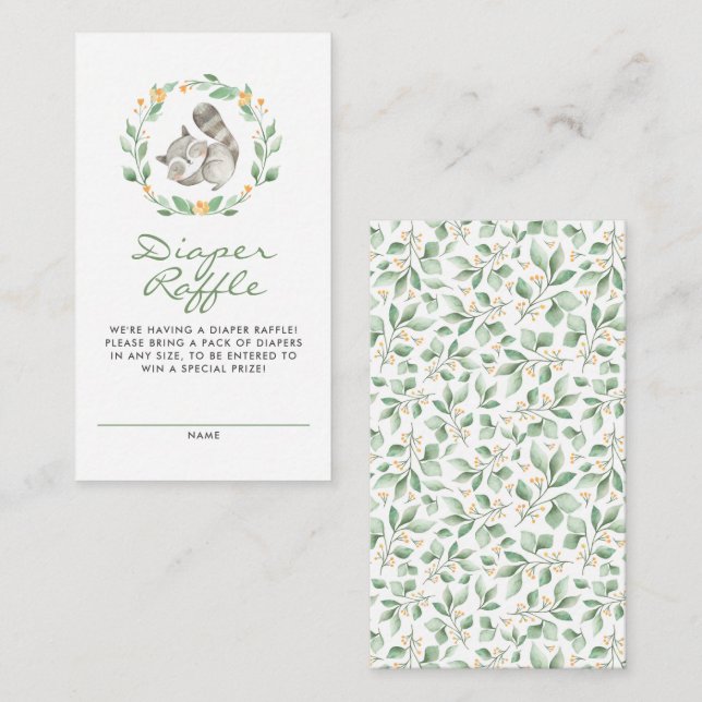 Cute Raccoon Wreath Baby Shower Diaper Raffle Enclosure Card (Front/Back)