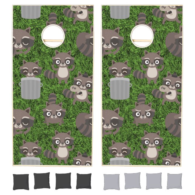 cute raccoons garbage trash cans cornhole set (Set)