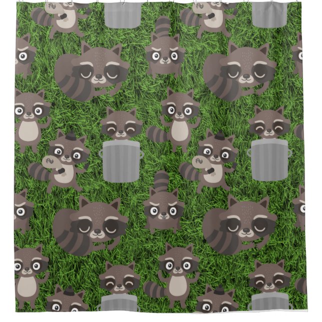 cute raccoons garbage trash cans shower curtain (Front)