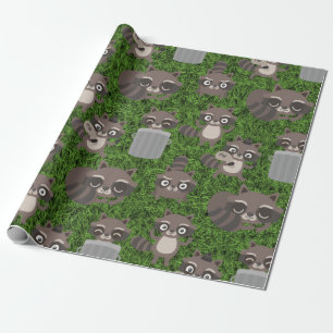 cute raccoons garbage trash cans wrapping paper