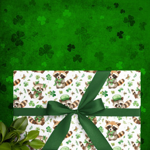 Cute Raccoons Green Hat Shamrock St. Patrick's Day Wrapping Paper