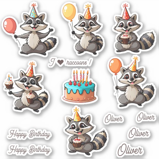 Cute Raccoons Happy Birthday Personalized Sticker (Front)