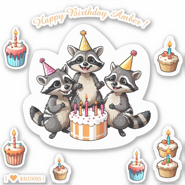 Cute Raccoons Happy Birthday Personalized Sticker (Front)