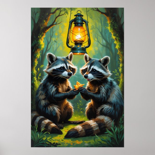 Cute Raccoons Holding Lantern Whimsical Forest Art Poster (Front)