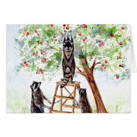 Cute Raccoons in Apple Orchard (Front Horizontal)