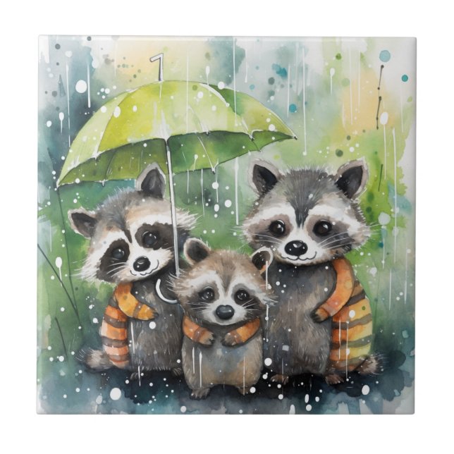 Cute Raccoons in the Rain Ceramic Tile (Front)