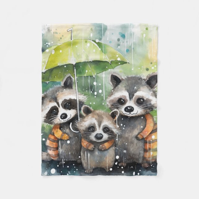 Cute Raccoons in the Rain Fleece Blanket (Front)
