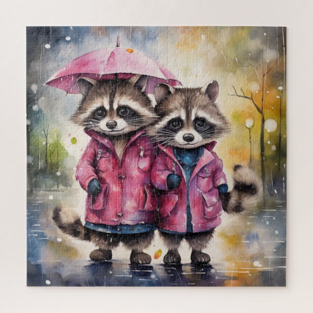 Cute Raccoons in the Rain Jigsaw Puzzle (Vertical)