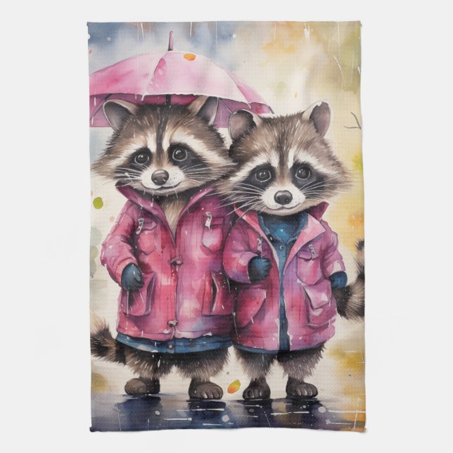 Cute Raccoons in the Rain Kitchen Towel (Vertical)