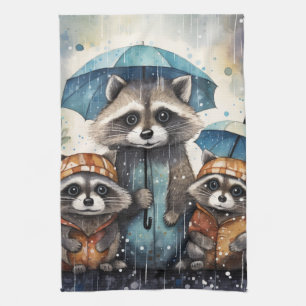 Cute Raccoons in the Rain Kitchen Towel