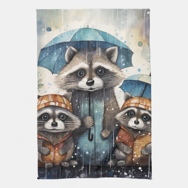 Cute Raccoons in the Rain Kitchen Towel (Vertical)