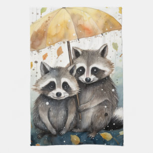 Cute Raccoons in the Rain Kitchen Towel