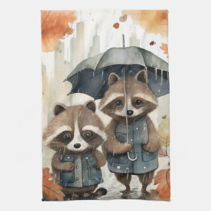 Cute Raccoons in the Rain Kitchen Towel