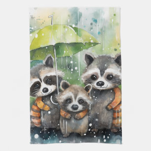 Cute Raccoons in the Rain Kitchen Towel