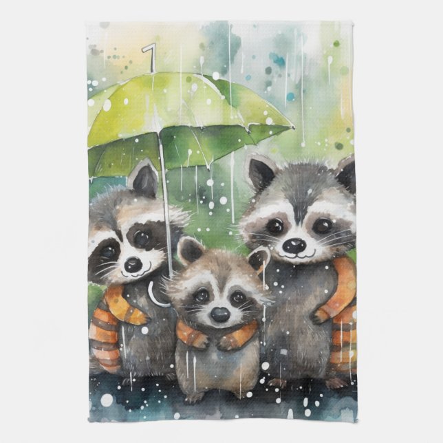 Cute Raccoons in the Rain Kitchen Towel (Vertical)