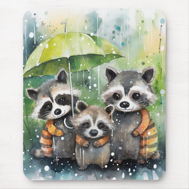 Cute Raccoons in the Rain Mouse Pad (Front)