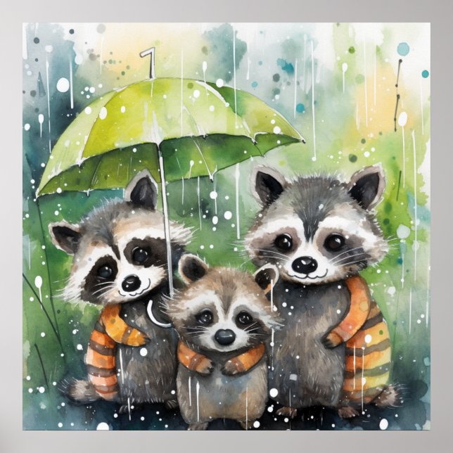Cute Raccoons in the Rain Poster (Front)