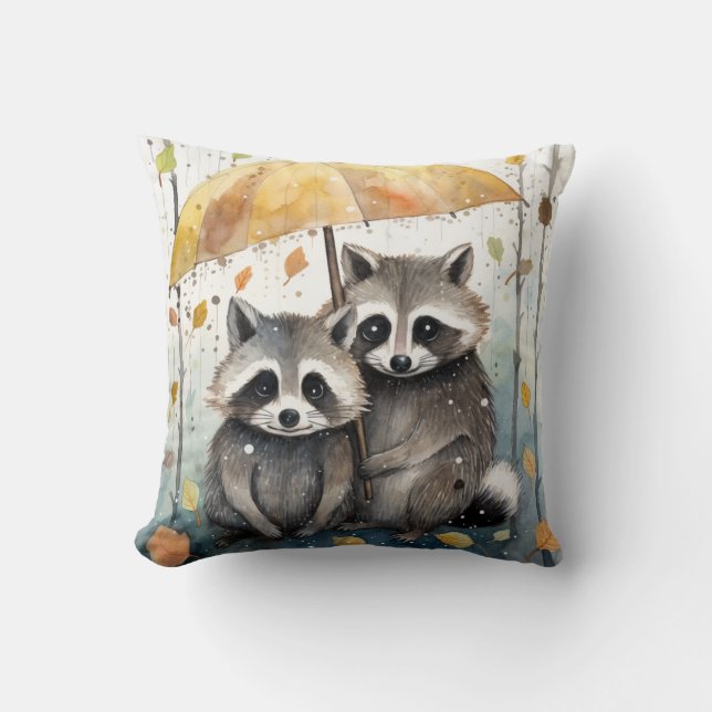 Cute Raccoons in the Rain Throw Pillow (Front)