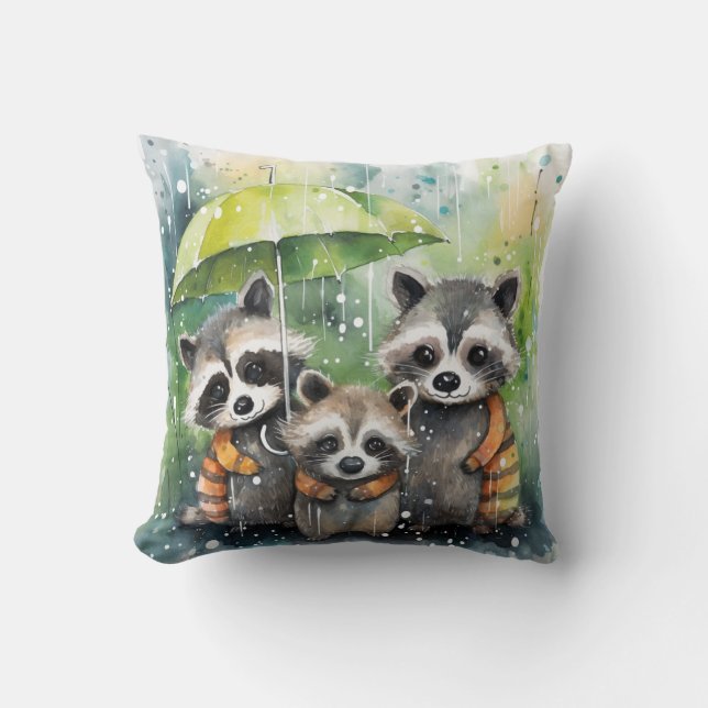 Cute Raccoons in the Rain Throw Pillow (Front)