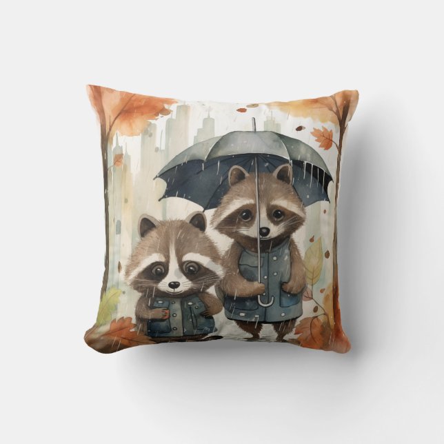 Cute Raccoons in the Rain Throw Pillow (Front)