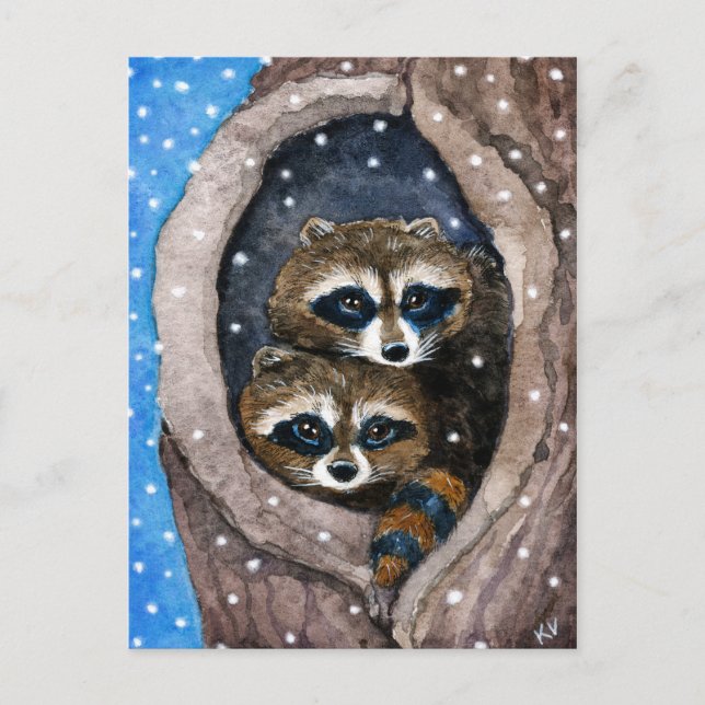 Cute raccoons snow Christmas  postcard (Front)
