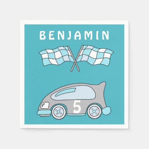 Cute Race Car Age Name KId`s Birthday Party Napkins - Cute Race Car Age Name KId`s Birthday Party Napkins. Simple race car and blue and white racing flags with name and age number on the car. 
Graet for a boy`s birthday party.
