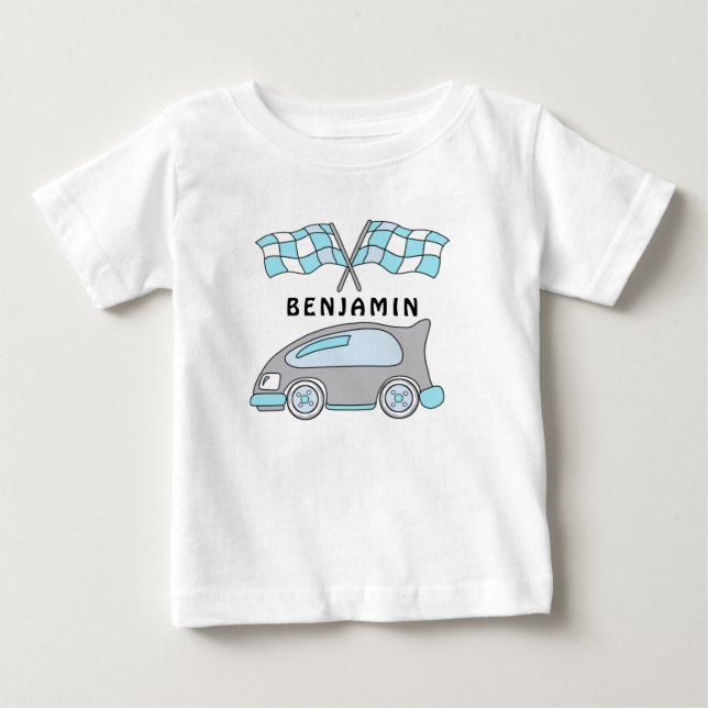 Cute Race Car and Flags Baby Boy Name Baby T-Shirt (Front)