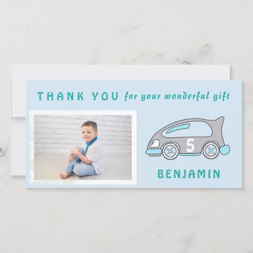 Cute Race Car Blue Birthday Thank you Photo Card - Cute Race Car Blue Birthday Thank you Photo Card. Gray and blue race car with an age number. Personalize with your name, your age number and add your favorite photo.
Perfect as a birthday thank you card for boys.