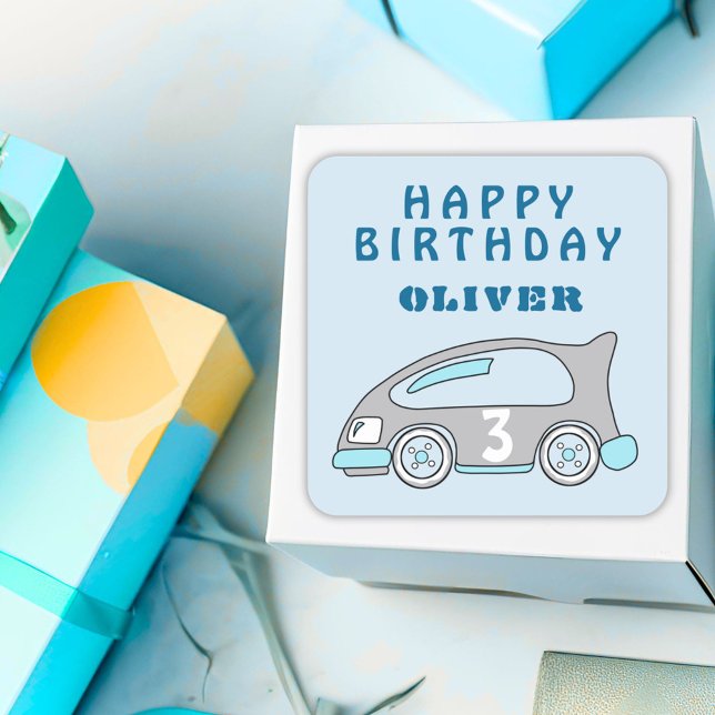 Cute Race Car Blue Boy Happy Birthday Square Sticker (Creator Uploaded)